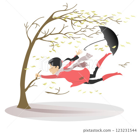 Bad weather. Hurricane. Frightened woman grabbing a tree branch. Strong wind bends tree and tears off the leaves. Frightened young woman grabbing a tree and lost umbrella Bad weather. Hurricane. Frightened woman grabbing a tree branch. Strong wind bends tree and tears off the leaves. Frightened young woman grabbing a tree and lost umbrella 123231544