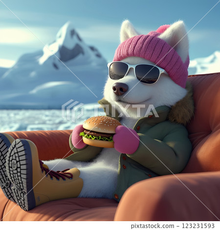 Dog tries to eat a burger while relaxing on a sofa in the North Pole 123231593