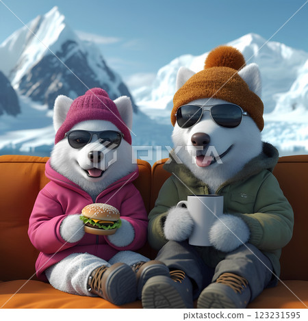 Dog tries to eat a burger while relaxing on a sofa in the North Pole Dog tries to eat a burger while relaxing on a sofa in the North Pole 123231595