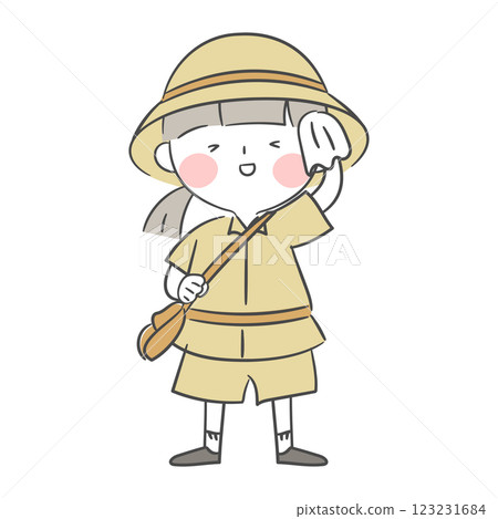 Illustration of an explorer wiping sweat with a handkerchief Illustration of an explorer wiping sweat with a handkerchief 123231684