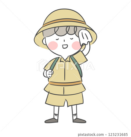 Illustration of an explorer wiping sweat with a handkerchief 123231685