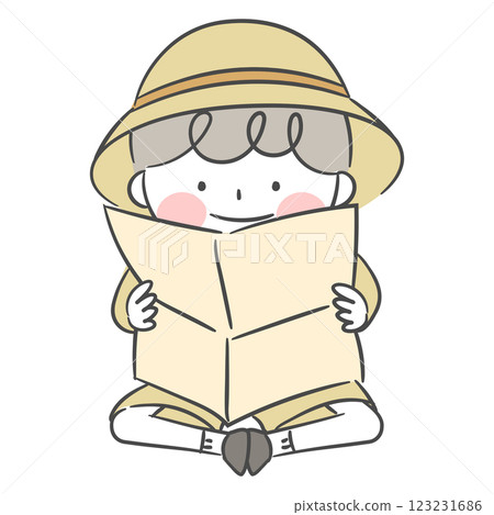 Illustration of an explorer character looking at a map 123231686