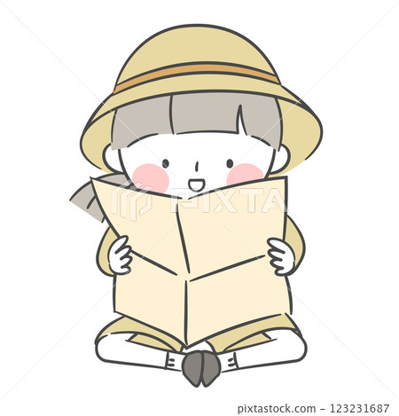 Illustration of an explorer character looking at a map 123231687