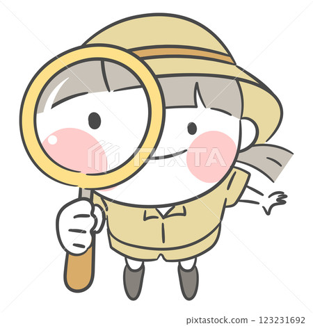 Illustration of an explorer examining something through a magnifying glass 123231692