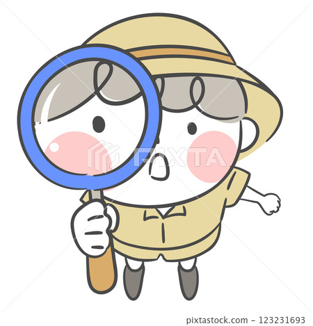 Illustration of an explorer examining something through a magnifying glass 123231693
