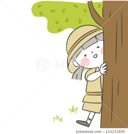 Illustration of an explorer hiding behind a tree 123231695