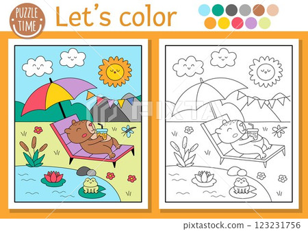 Capybara coloring page for children with cute scene, animal sunbathing under umbrella. Vector capibara outline illustration. Color book for kids with colored example. Drawing skills printable 123231756
