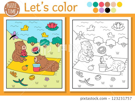 Capybara coloring page for children with cute scene, animals having picnic. Vector capibara outline illustration. Color book for kids with colored example. Drawing skills printable worksheet 123231757
