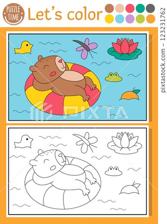 Capybara coloring page for children with scene, animal swimming floaty in pond. Vector capibara outline illustration. Book for kid with colored example. Drawing printable worksheet 123231762
