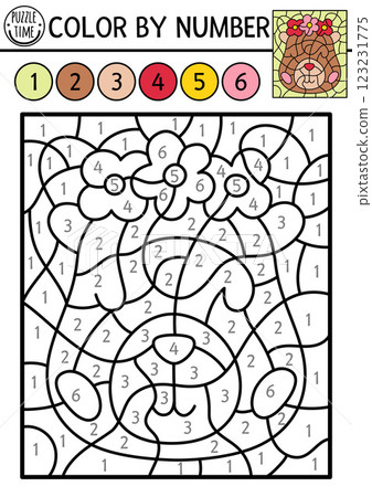 Vector capybara color by number activity with animal head with flowers. Nature landscape scene. Black and white counting game. Coloring page for kids with cute capibara in floral wreath 123231775