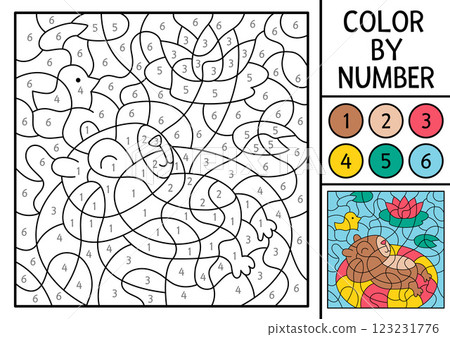 Vector capybara color by number activity with animal swimming on floaty in water. Nature landscape scene. Black and white counting game. Coloring page for kids with cute capibara 123231776