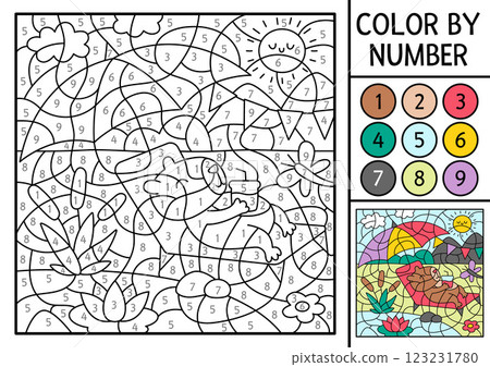 Vector capybara color by number activity with animal sunbathing under umbrella by water. Nature landscape scene. Black and white counting game. Coloring page for kids with cute capybara 123231780