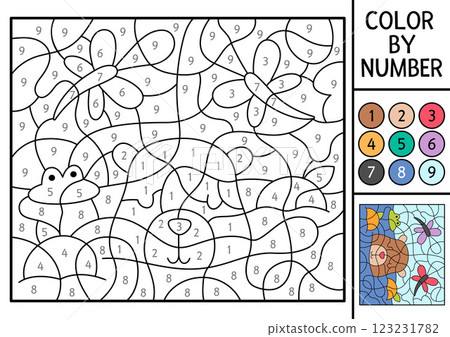 Vector capybara color by number activity with animal swimming in water with frog, tangerines. Nature landscape scene. Black and white counting game. Coloring page for kids with cute capybara 123231782