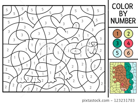 Vector capybara color by number activity with animal on natural background. Nature landscape scene. Black and white counting game. Coloring page for kids with cute capybara 123231783