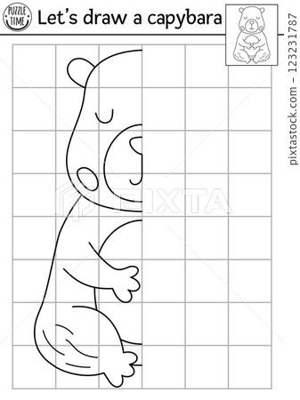 Complete the capybara. Vector capibara symmetrical drawing practice worksheet. Printable black and white activity for kids. Copy the picture coloring page with cute meditating animal 123231787