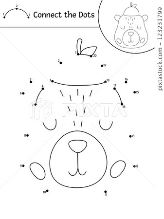 Vector line capybara dot-to-dot and color activity with cute animal head with tangerine hat. Simple black and white connect the dots game, coloring page for children with relaxing capibara Vector line capybara dot-to-dot and color activity with cute animal head with tangerine hat. Simple black and white connect the dots game, coloring page for children with relaxing capibara 123231799