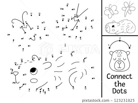 Vector line capybara dot-to-dot and color activity with cute animal looking at butterflies. Simple black and white connect the dots game, coloring page for children with relaxing capibara 123231825