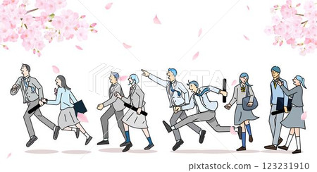 男女學生在櫻花中奔跑-側面-全身-畢業-人物簡單的線條畫向量插圖 123231910