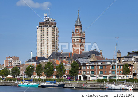 The Port du Bassin du Commerce with the Tower of Reuze and the belfry of the Dunkirk city hall 123231942