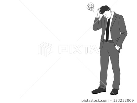 一位陷入困境的商人抱著頭的插圖，全身，正面，模糊的痕跡 123232009