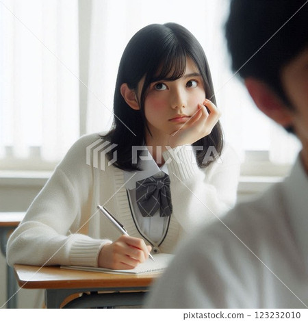 一名女學生在學校上課時思考 123232010