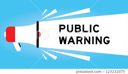 Color megaphone icon with word public warning in white banner on blue background 123232075