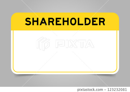 Label banner that have yellow headline with word shareholder and white copy space, on gray background 123232081