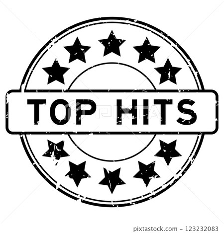 Grunge black top hits word with star icon round rubber seal stamp on white background 123232083