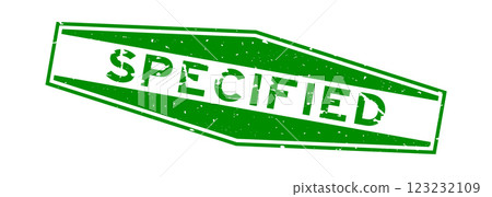 Grunge green specified word hexagon rubber seal stamp on white background 123232109