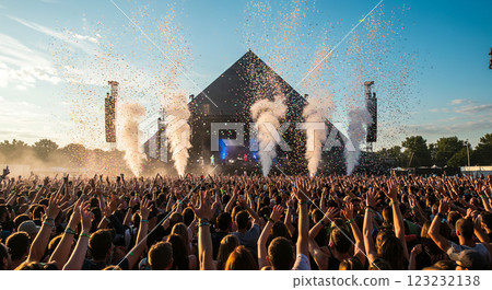 An outdoor music festival under a clear blue sky 123232138