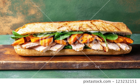 Mega sandwich with turkey, sweet potatoes, spinach, and yogurt sauce on a rustic board. Terracotta and sage green gradient background with soft lighting. 123232151
