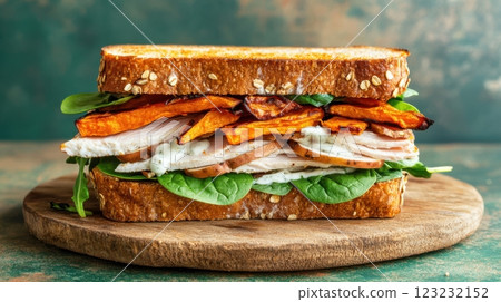 Mega sandwich with turkey, sweet potatoes, spinach, and yogurt sauce on a rustic board. Terracotta and sage green gradient background with soft lighting. 123232152