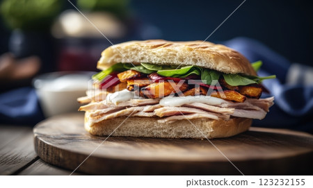 Mega sandwich with turkey, sweet potatoes, spinach, and yogurt sauce on a rustic board. Modern terracotta and sage green gradient background. 123232155