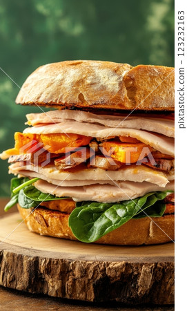 Mega sandwich with turkey, sweet potatoes, spinach, and yogurt sauce on a rustic board. Modern terracotta and sage green gradient background. 123232163