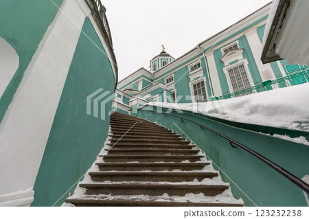 Steep brown stone staircase leading to a beautiful temple .February 19, 2025, Russia, Smolensk 123232238