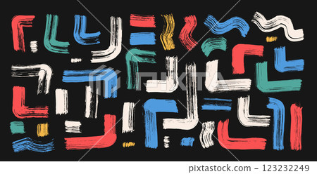 Brush stroke ink lines. Vector hand drawn corners paint shapes decoration. Abstract tribal curve graphic. Folk scribble paintbrush wobble grunge background design. Tribal colorful mexican rough line Brush stroke ink lines. Vector hand drawn corners paint shapes decoration. Abstract tribal curve graphic. Folk scribble paintbrush wobble grunge background design. Tribal colorful mexican rough line 123232249