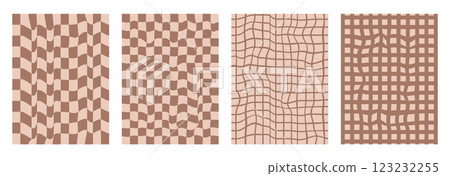 Checkerboard background set. Psychedelic checker posters templates. Vintage distorted grid y2k vertical textures. Vector abstract playful flat geometric wavy mosaic backdrops. 123232255