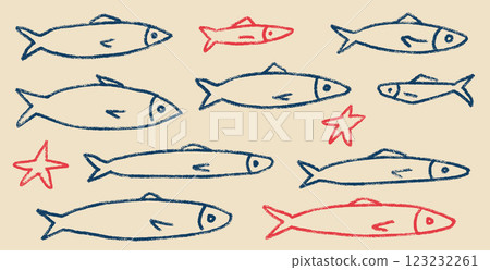 Fishes line doodle set. Sardines hand drawn scribble School of fish in the sea. Vector colorful nautical illustration by pencil isolated. Crayon or chalk naive underwater life Fishes line doodle set. Sardines hand drawn scribble School of fish in the sea. Vector colorful nautical illustration by pencil isolated. Crayon or chalk naive underwater life 123232261