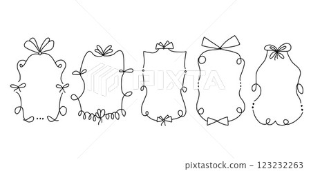 Doodle coquette frames with bows. Vintage scribble line wavy border with ribbons set. Vector cute curly rectangle and oval template for holiday menu. Minimalistic black cadre birthday hand drawn. Doodle coquette frames with bows. Vintage scribble line wavy border with ribbons set. Vector cute curly rectangle and oval template for holiday menu. Minimalistic black cadre birthday hand drawn. 123232263