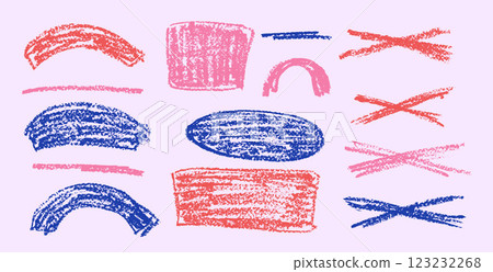 Chalk collage emphasis elements. Crayon underline, oval, rectangle set. Pencil scribble cross, circles pack. Vector hand drawn brush stroke collection illustration 123232268