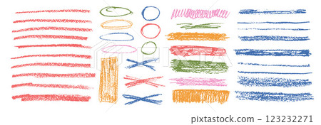 Chalk collage emphasis elements. Crayon underline, oval, rectangle set. Pencil scribble cross, circles pack. Vector hand drawn brush stroke collection illustration on white background 123232271