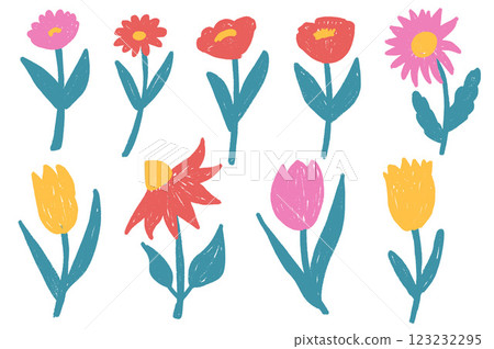 Flowers crayon drawn set. Spring tulip, daisy, aster and marguerite plants doodle set. Pastel childish floral shape. Vector pencil illustration isolated on white background 123232295