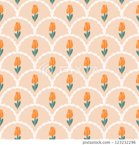 Flowers crayon drawn seamless pattern. Floral allover background. Stylized botany scallop repeat backdrop. Surface pattern design spring motif. Vector hand drawn illustration 123232296