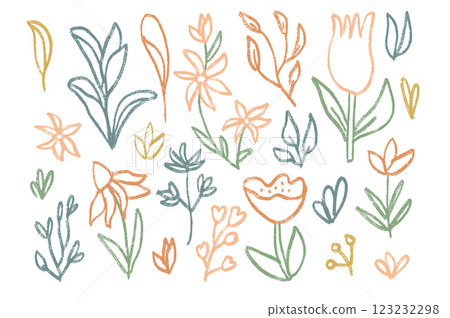 Flowers and leaves crayon drawn set. Spring tulip, daisy, chamomile and marguerite plants line doodle. Chalk or pastel style childish shape. Vector pencil illustration isolated on white background. 123232298
