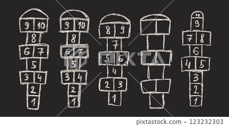 Hopscotch games chalk drawn set isolated on dark background. Children playground outdoor entertainment. Vector colorful wax crayon handwritten illustration 123232303
