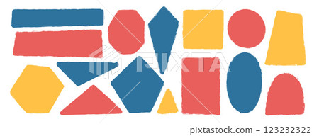 Kids colorful geometric shapes set. Text boxes textured frames. Rounded and square figures. Vector hand drawn quotation stickers shapes. grunge geometry callout design. 123232322