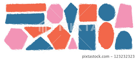 Kids colorful geometric shapes set. Text boxes textured frames. Rounded and square figures. Vector hand drawn quotation stickers shapes. grunge geometry callout design. 123232323