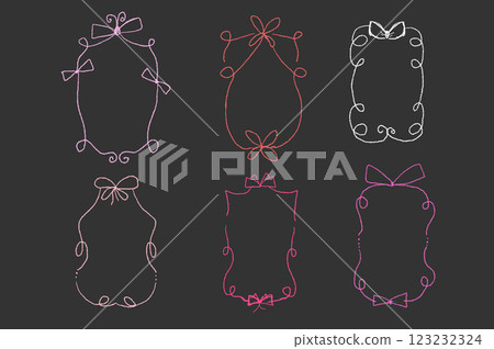 Doodle coquette frames with bows crayon drawing. Vintage line wavy border with ribbons set. Vector cute scribble curly rectangle and oval template foe holiday menu. Minimalistic cadre birthday. 123232324