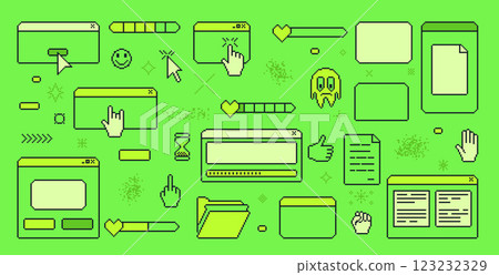 Pixel art retro windows interface. 8 bit text boxes with pointers cursors, arrow and sparkles. Rectangle frames in retro 90s pixel style. Digital message borders. Vector set illustration Pixel art retro windows interface. 8 bit text boxes with pointers cursors, arrow and sparkles. Rectangle frames in retro 90s pixel style. Digital message borders. Vector set illustration 123232329