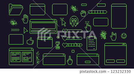 Pixel art retro windows interface. 8 bit text boxes with pointers cursors, arrow and sparkles. Green stroke console folder, digital document in retro 80s style. Vector set illustration 123232330